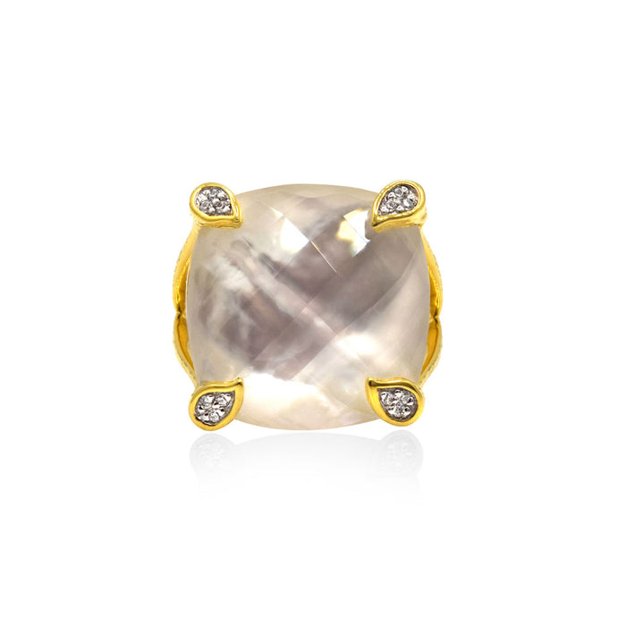 Mother of Pearl Rose Stem Cocktail Ring in Yellow Gold