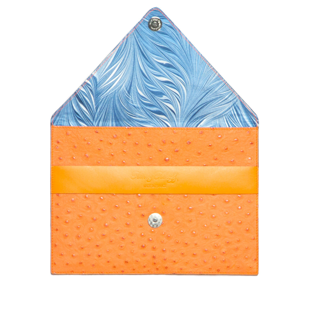 Orange Ostrich Embossed Envelope Clutch with Strap