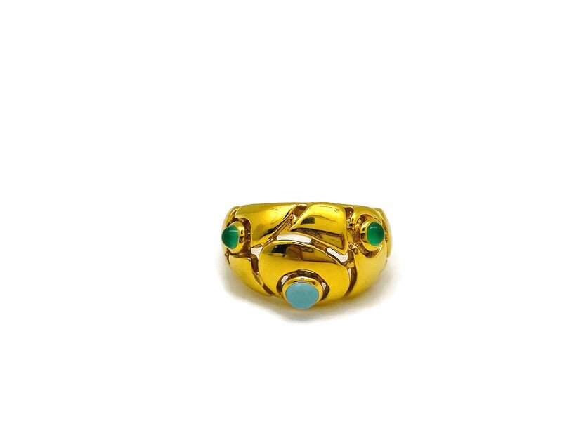 Blue Topaz & Green Onyx Floral Ring Gold